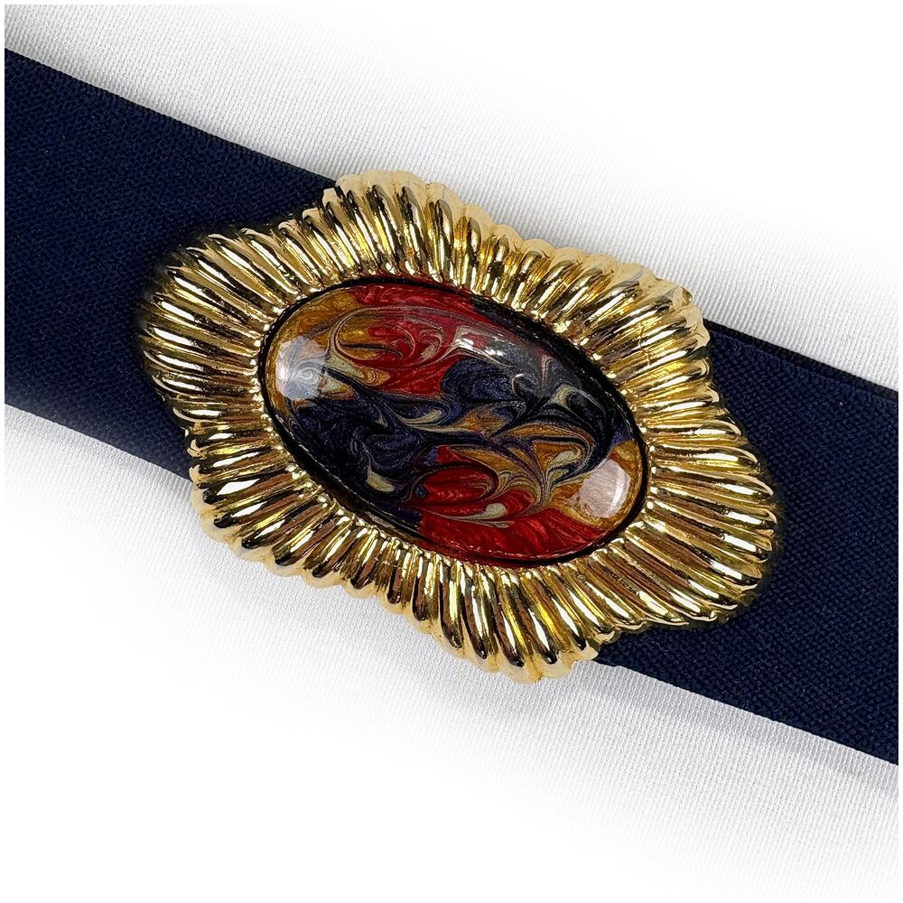 Nan Lewis VTG Women's Navy Stretch Belt Gold Statement Buckle 30"
